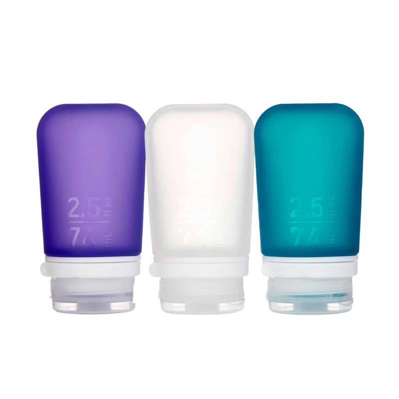 humangear GoToob+ 3-Pack (Medium) | Refillable Silicone Travel Bottle | Locking Lid | Food-Safe Material, Clear/Purple/Teal, Medium (2.5 fl.oz.; 74ml) - Image 1